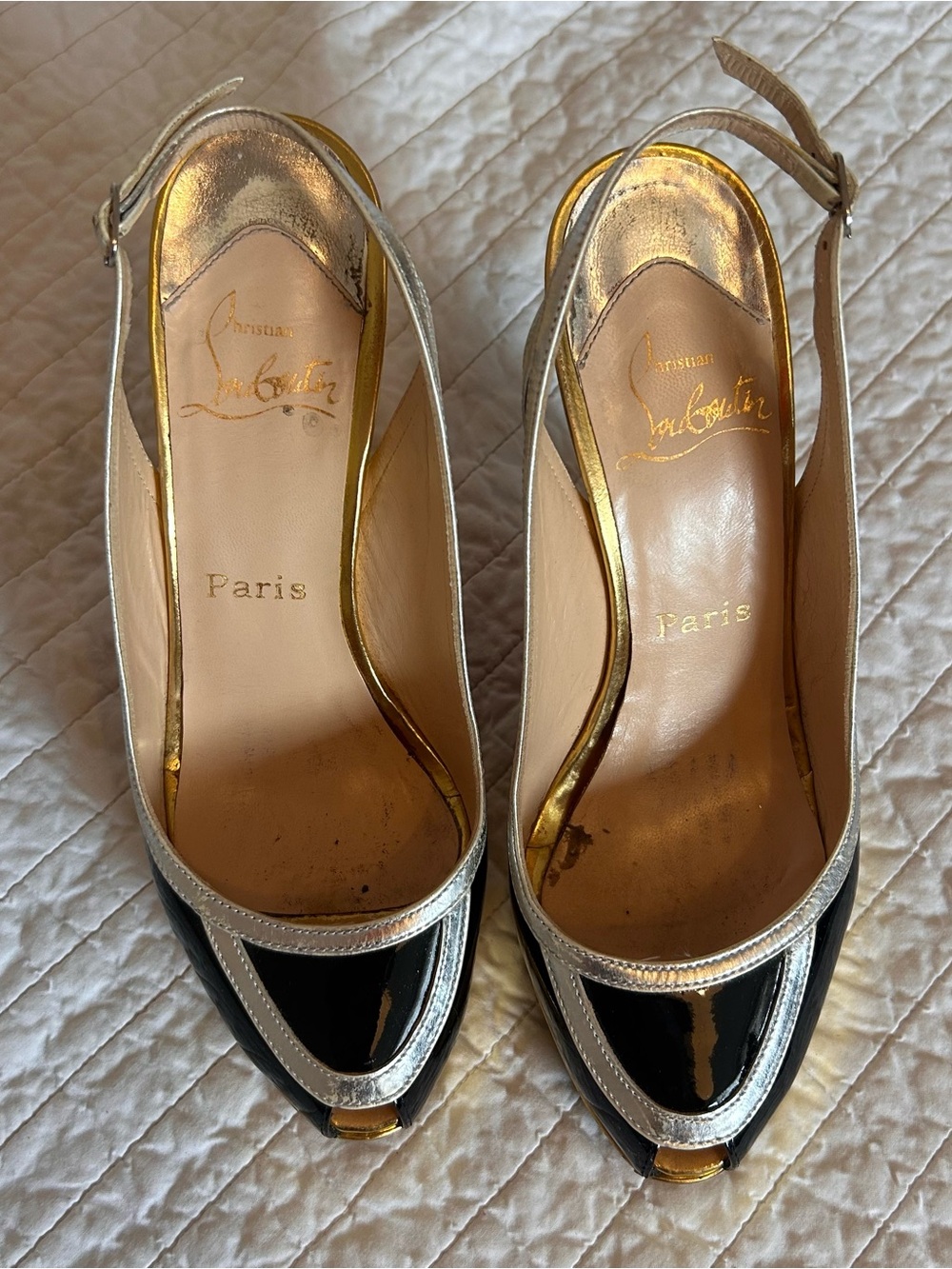 Christian Louboutin Foxtrot Black and Silver Patent Slingback Pumps w/Gold Trim
